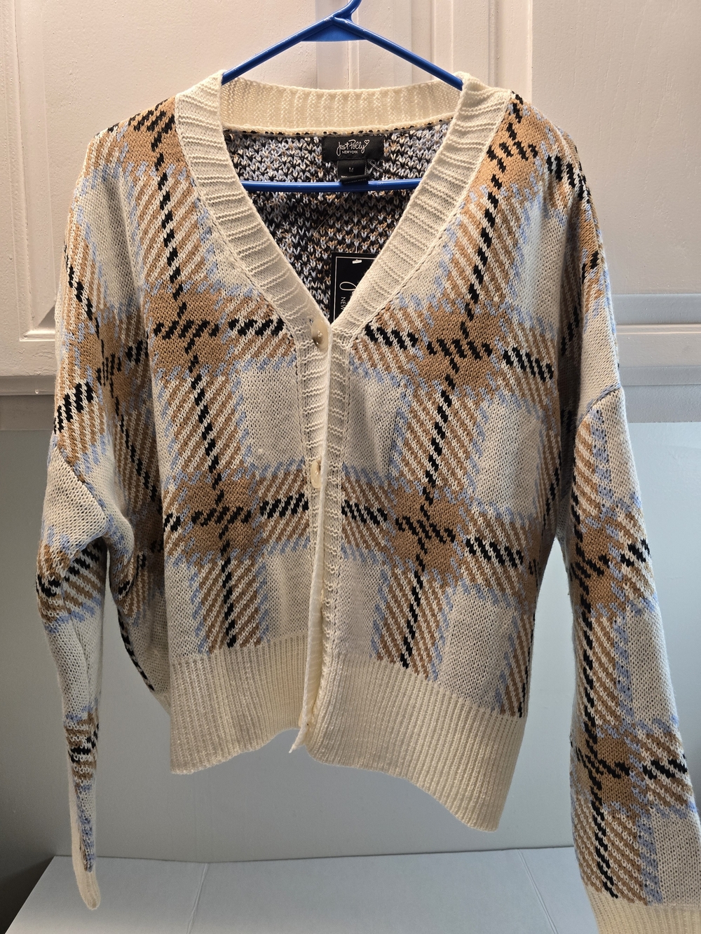 V-Neck Plaid Button Cardigan Sweater - Cream, Tan & Light Blue